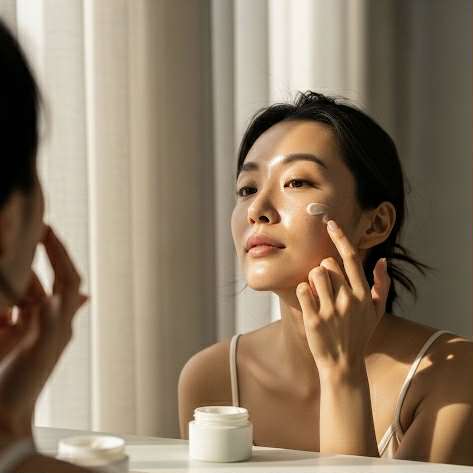 Femme coréenne appliquant la crème Cicapair de Dr. Jart+ sur la joue — soin apaisant pour peau sensible et rougeurs, lumière naturelle