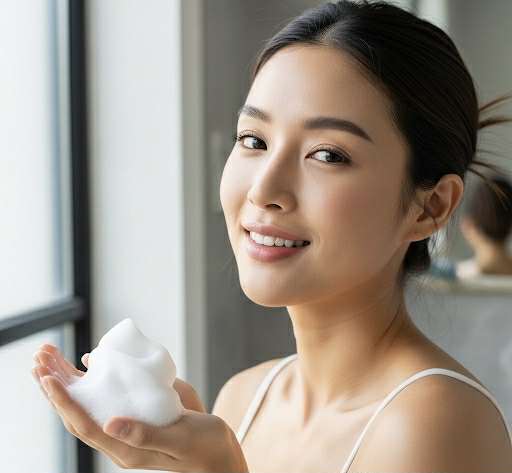 femme utilisant un nettoyant doux en mousse coréen peau sensible été pour nettoyer et apaiser la peau


