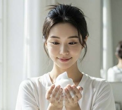 Femme asiatique souriante utilisant un nettoyant doux en mousse coréen, idéal pour peau sensible en été