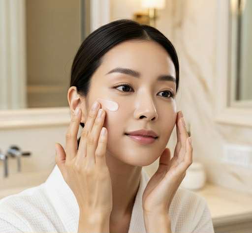 Femme appliquant une crème légère sur son visage pour renforcer la barrière cutanée en été – routine K-beauty