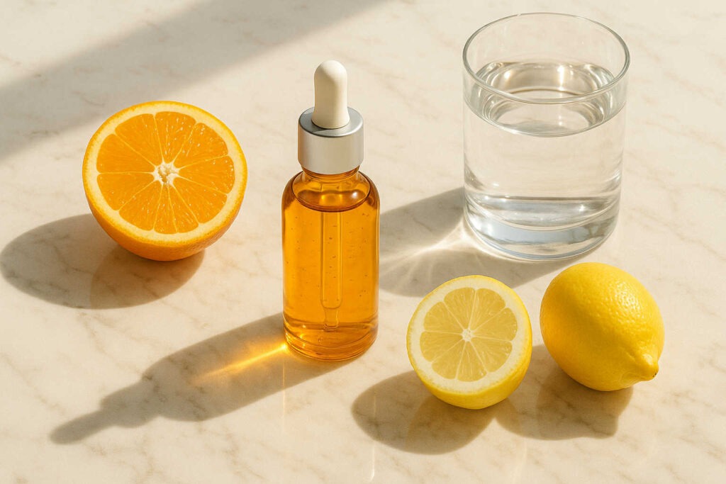 Flacon compte-gouttes de sérum à la vitamine C entouré de demi-oranges, de citrons et d’un verre d’eau sur une table en marbre, style lumineux et épuré.