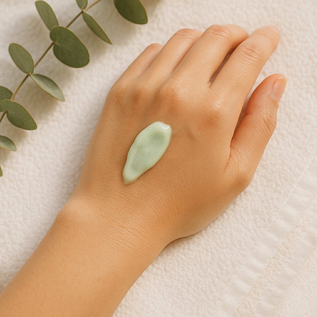 Texture légère de la crème Cicapair appliquée sur le dos de la main, montrant sa couleur verte apaisante et sa consistance douce.
