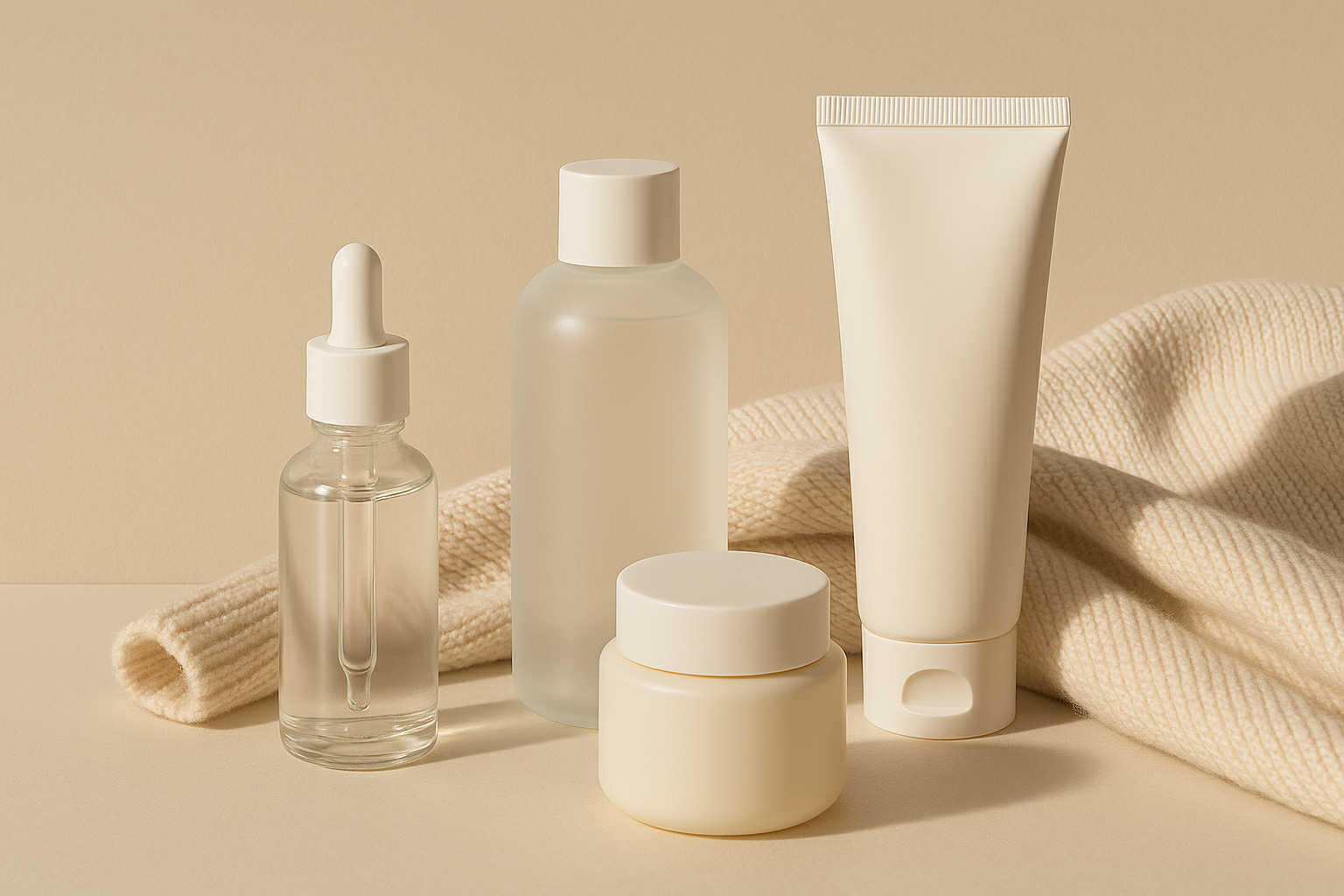 Flat lay minimaliste K-beauty de contenants de soins de la peau sur fond beige avec tissu tricoté, inspiré par Illiyoon Ceramide Ato pour peaux sensibles.