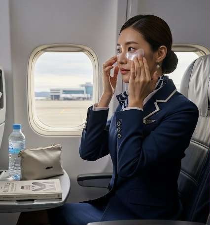 Hôtesse de l’air appliquant des patchs pour les yeux pendant un vol, montrant un exemple d’utilisation en avion.