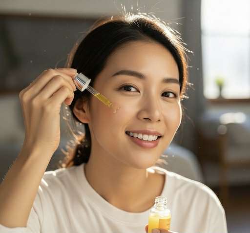 Jeune femme souriante appliquant un sérum à la vitamine C sur son visage à l’aide d’une pipette, lumière naturelle, ambiance quoti