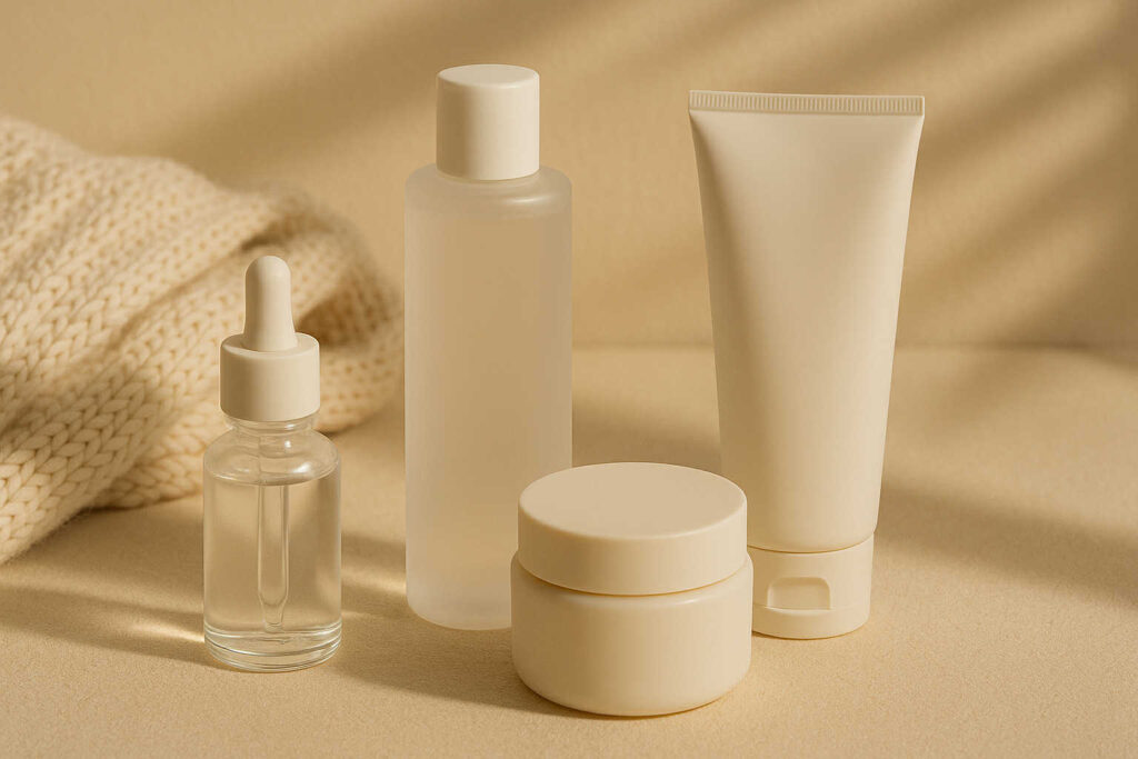 Produits de la gamme Illiyoon Ceramide Ato présentés sur un fond beige minimaliste, illustrant une routine coréenne apaisante pour peaux sensibles.