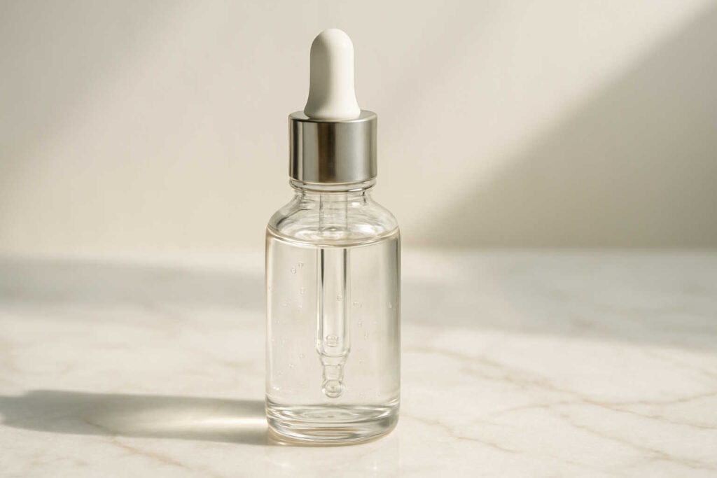 Flacon de sérum acide hyaluronique coréen sur fond neutre, texture légère et hydratation intense