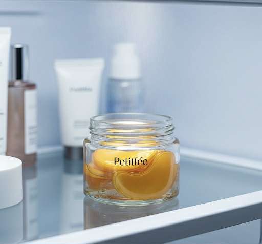 Pot de patchs yeux hydrogel Petitfée conservé au réfrigérateur pour un effet rafraîchissant et décongestionnant.