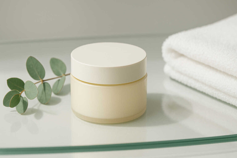 Heimish All Clean Balm, Korean non-comedogenic cleansing balm in minimalist jar with eucalyptus leaf and white towel on glass surface.