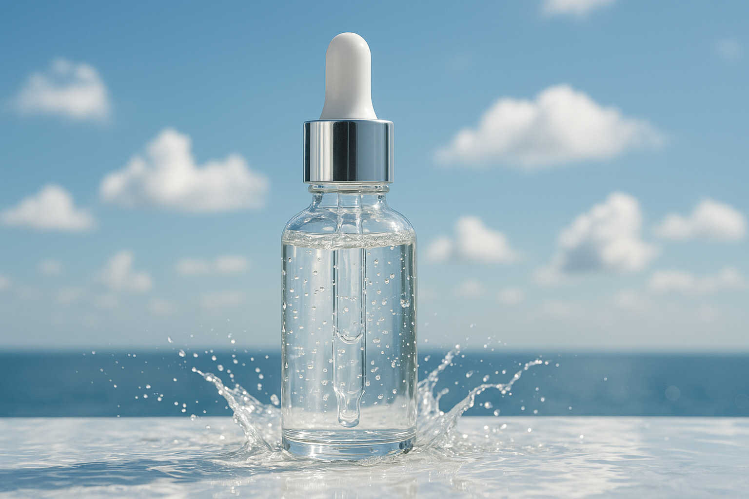 Flacon de sérum à l’acide hyaluronique coréen avec éclaboussures d’eau sous un ciel bleu – hydratation K-beauty.