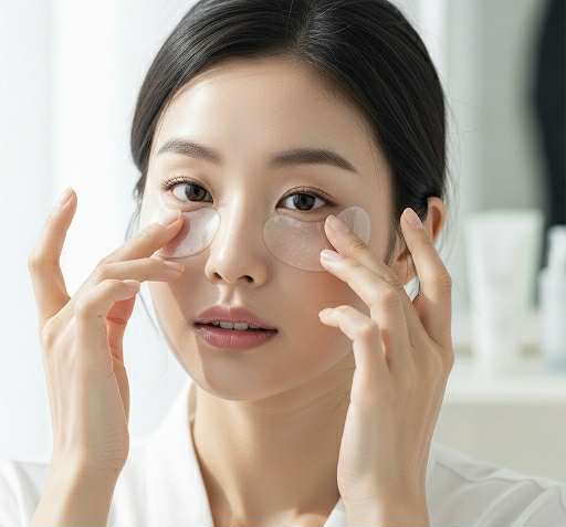 Femme appliquant un patch yeux hydrogel coréen Petitfée sur peau propre, démonstration d’utilisation pour réduire les cernes et poches.