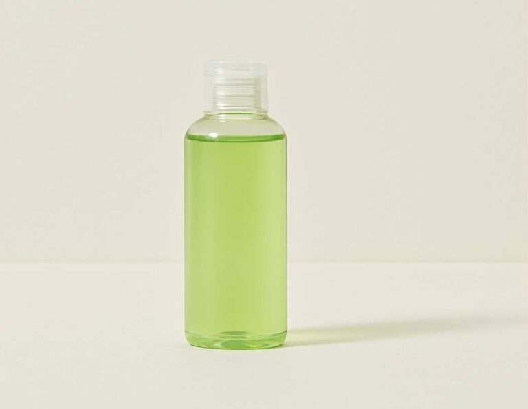 Bouteille de toner coréen au thé vert pour peau sensible, format minimaliste sur fond clair.