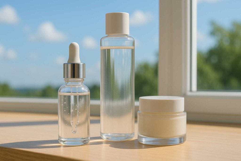 Routine K-beauty avec sérum, toner et crème hydratante coréens