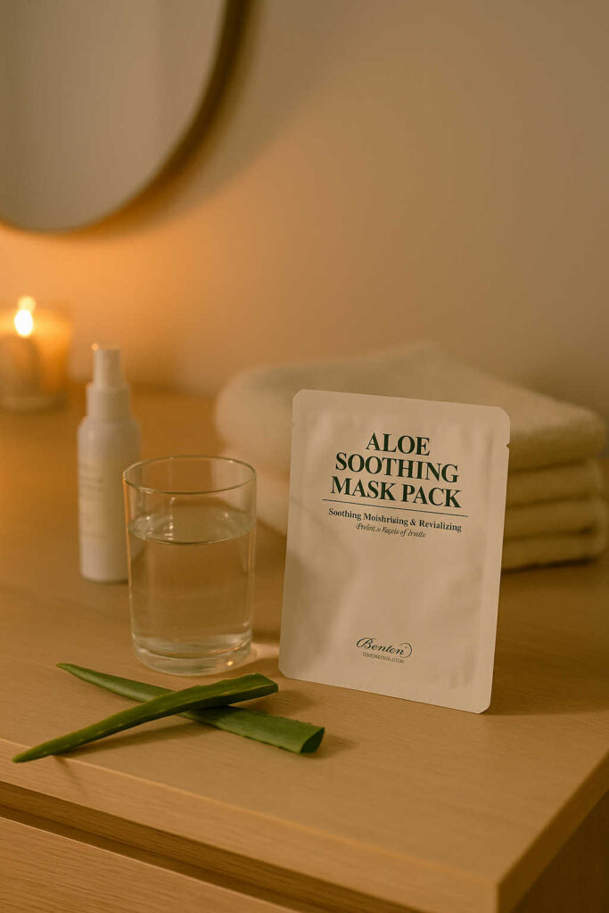 Masque coréen en tissu Benton Aloe Soothing Mask Pack à l’aloe vera, posé sur une table avec bougie, eau et spray, rituel apaisant K-beauty pour peau sensible