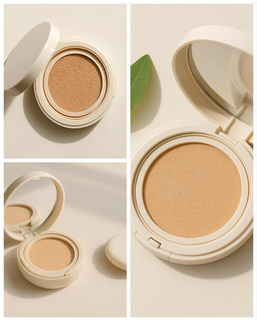 Cushion coréen hydratant présenté en différentes vues – compact ouvert, puff et texture visible.