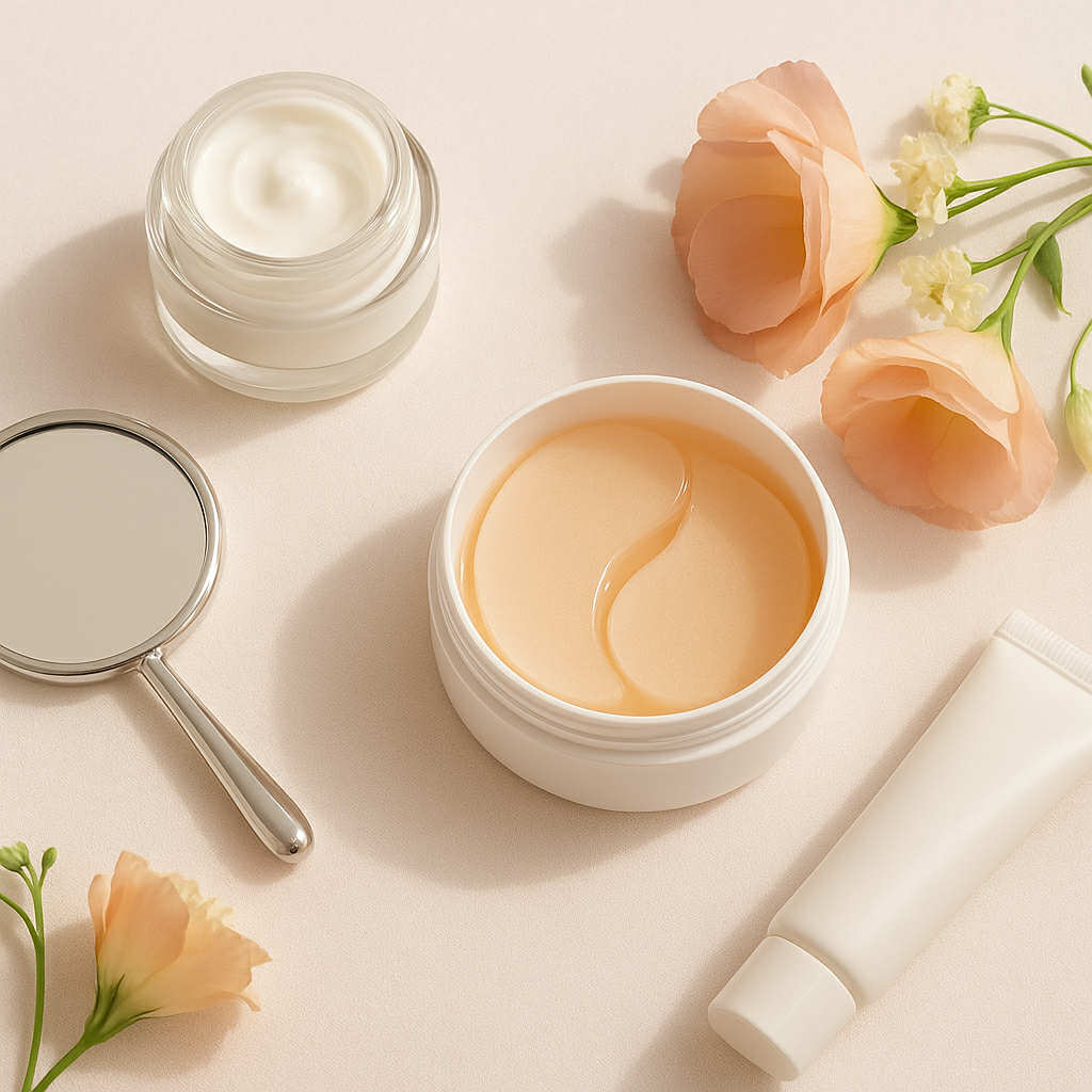 Crème contour des yeux et patchs hydrogel coréens posés avec des fleurs pour une mise en scène élégante 