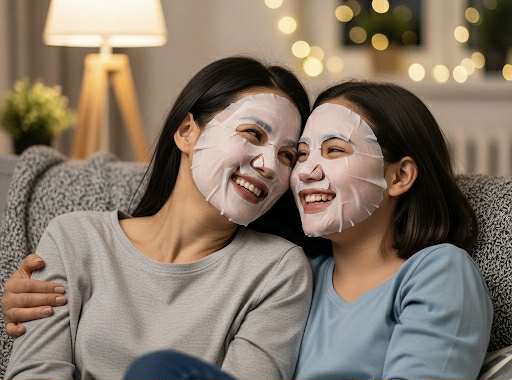 Mère et fille portant des masques coréens en feuille, moment complice et rituel K-beauty