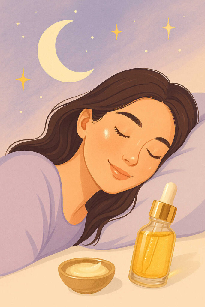 Illustration d’une femme endormie sous la lune, avec un flacon d’ampoule dorée et un pot de sleeping mask coréen, soin hydratant de nuit.