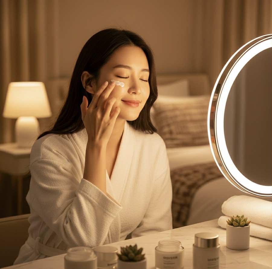 Femme appliquant une crème contour des yeux coréenne devant un miroir lumineux