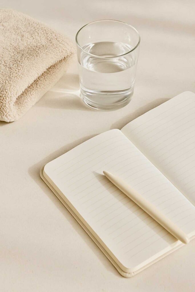 Routine coréenne peau sensible rentrée – flatlay minimaliste avec serviette douce, verre d’eau et carnet, symbolisant une routine quotidienne apaisante et un maquillage léger pour un glow naturel.