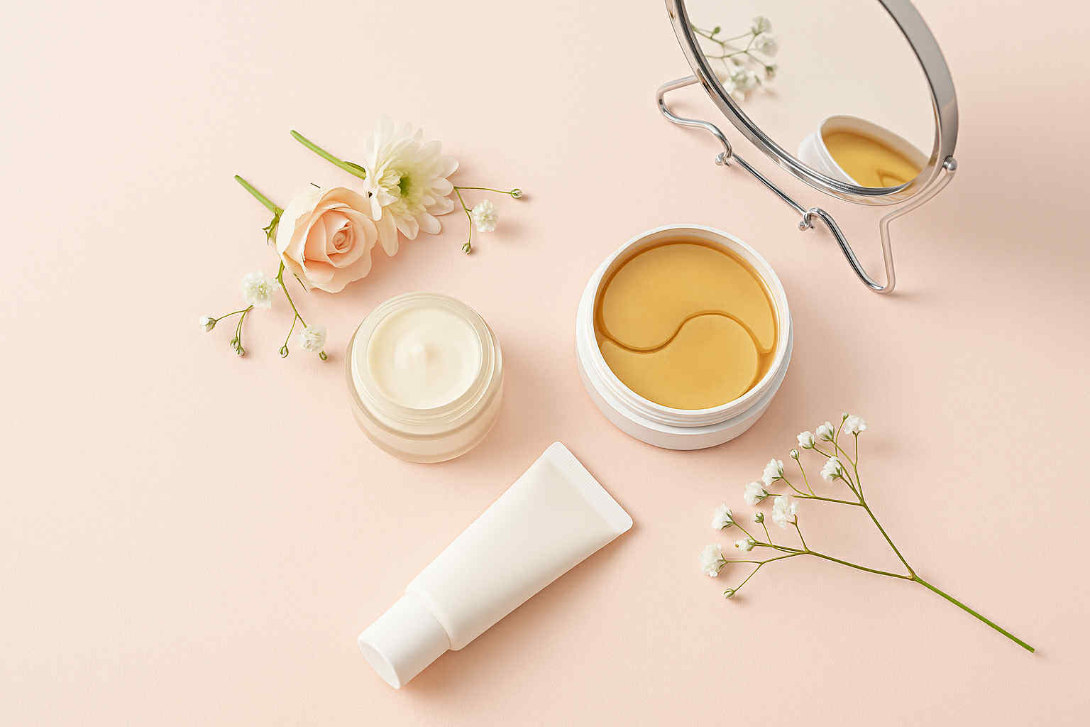 Crème contour des yeux coréenne et patchs hydrogel avec fleurs et miroir sur fond pastel, illustrant un rituel K-beauty apaisant du soir.