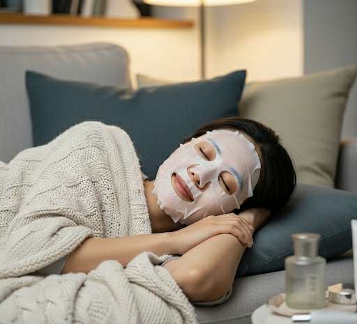 Femme relaxant à la maison avec un masque coréen en feuille sur le visage — moment de soin et hydratation

