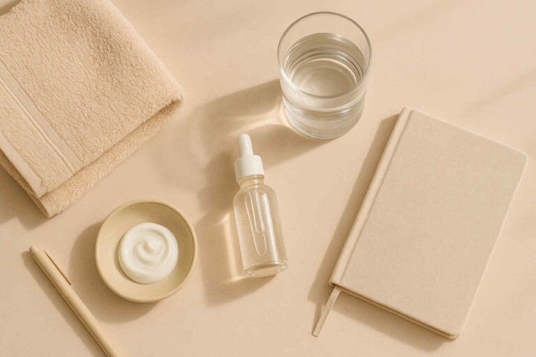 Routine coréenne peau sensible pour la rentrée avec un maquillage léger et un glow naturel, photo minimaliste d’objets de soin.