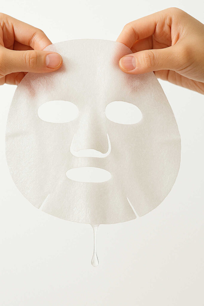 Masque coréen en feuille imbibé de sérum, gros plan illustrant la concentration en essences
