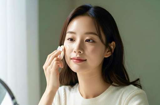 Femme appliquant un cushion coréen hydratant pour un maquillage léger et un teint glowy naturel, routine K-beauty peau sensible.
