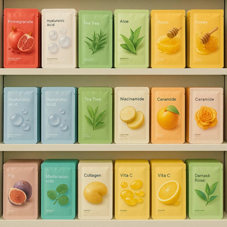 Collection de masques coréens en feuille — ingrédients variés comme grenade, acide hyaluronique, aloe vera, miel, niacinamide et vitamine C