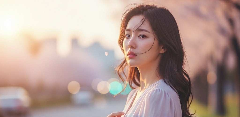 Femme coréenne au coucher du soleil avec une peau lumineuse, illustrant l’éclat naturel du K-Beauty
