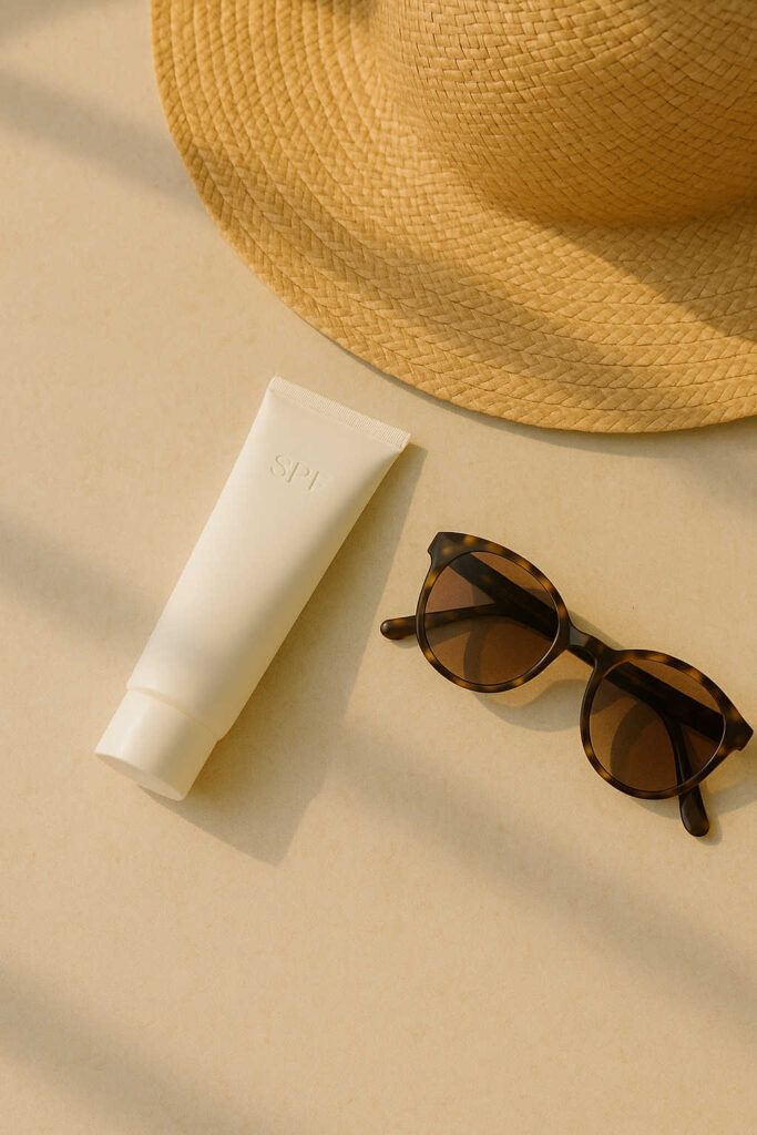 Étape 5 : protection solaire quotidienne — tube de crème SPF posé à côté d’un chapeau de paille et de lunettes de soleil sous une lumière dorée.
