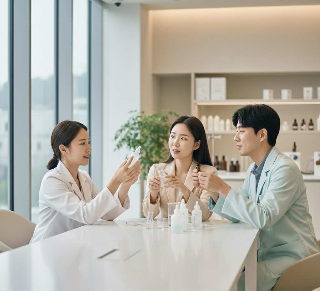 Chercheurs coréens collaborant dans un laboratoire de cosmétique pour développer des innovations K-beauty. Innovation cosmétique coréenne et science K-beauty en 2025
