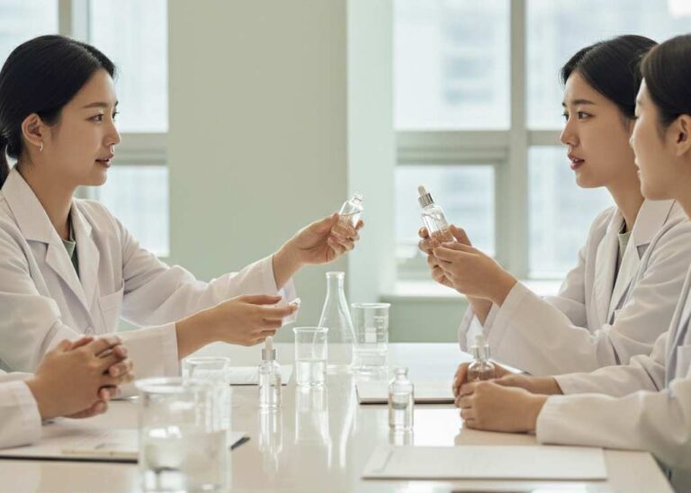 Chercheuses coréennes en laboratoire développant des innovations K-beauty et soins de la peau haute technologie.