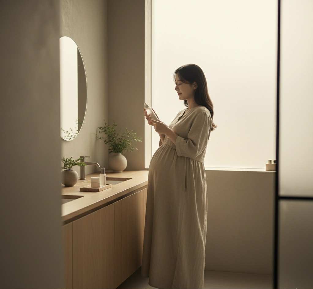 Femme enceinte coréenne debout dans une salle de bain minimaliste, tenant délicatement un flacon de soin, éclairée par une lumière naturelle douce.
