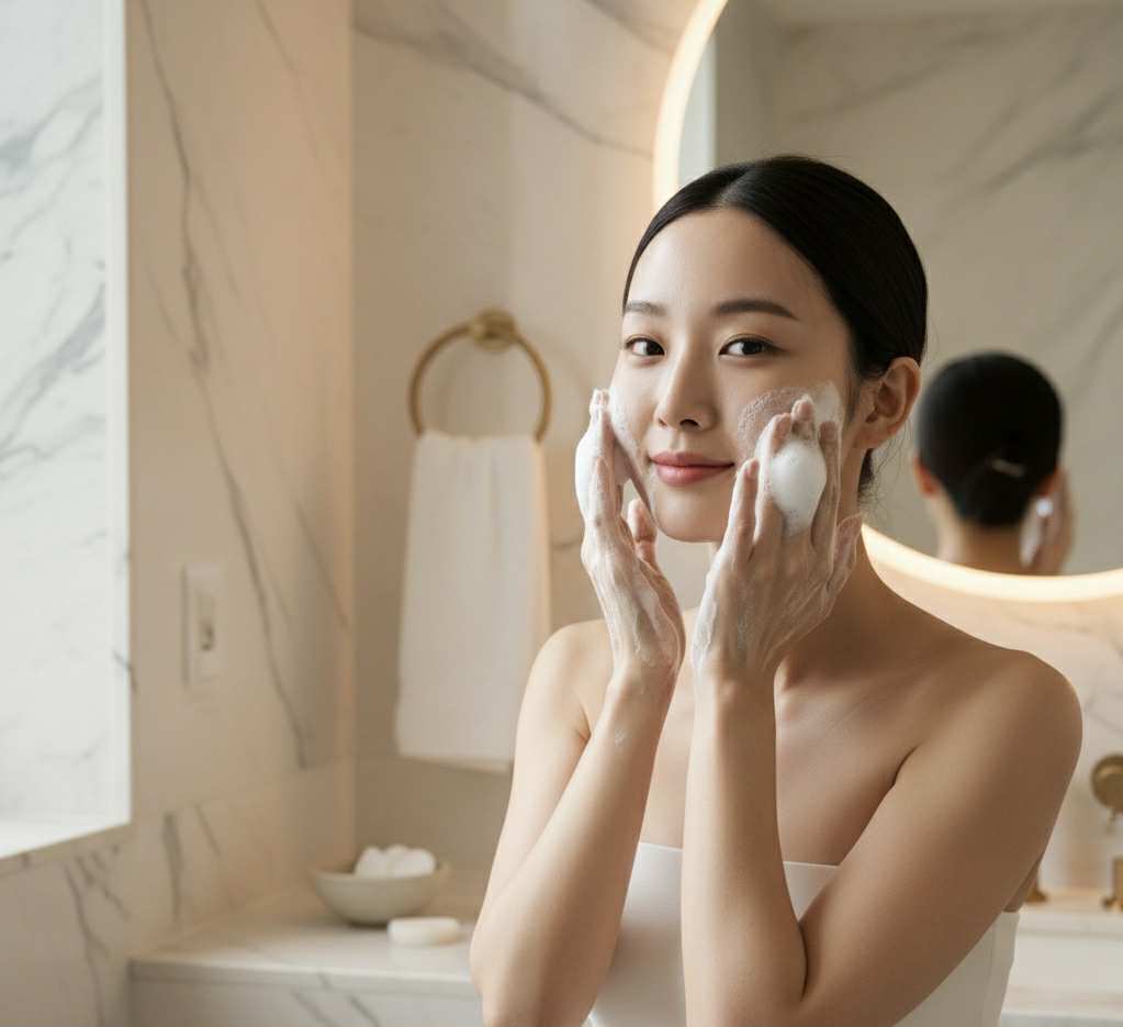 Femme coréenne souriante se lavant le visage avec la mousse nettoyante douce au thé vert Round Lab, illustrant la philosophie K-beauty.
