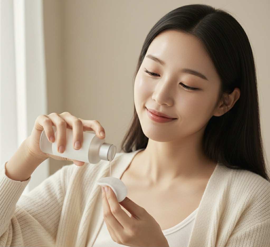 Jeune femme coréenne appliquant un tonique sans parfum sur un coton, dans une lumière naturelle — geste simple et apaisant d’une routine K-beauty minimaliste.
tonique sans parfum coréen appliqué sur peau sensible
