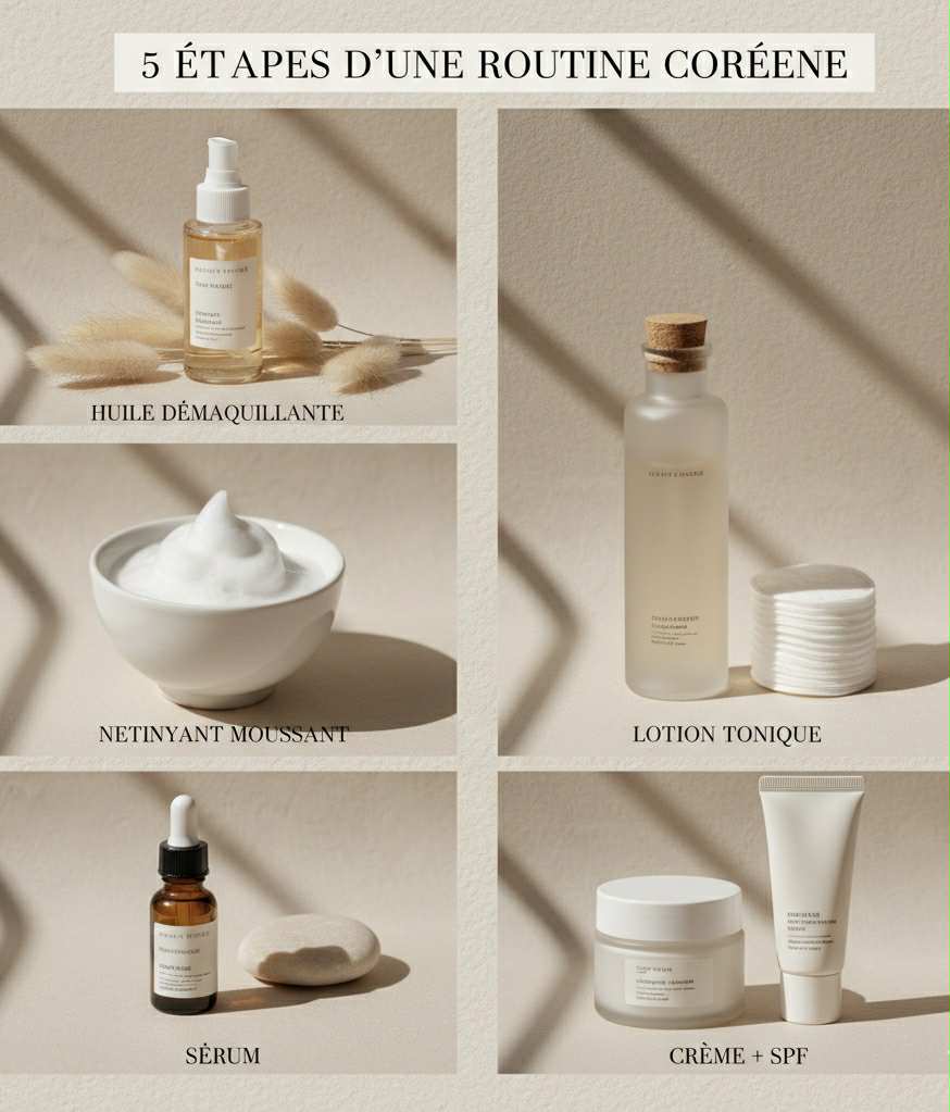 Infographie présentant les 5 étapes d’une routine coréenne minimaliste : huile démaquillante, nettoyant moussant, lotion tonique, sérum et crème avec SPF.
