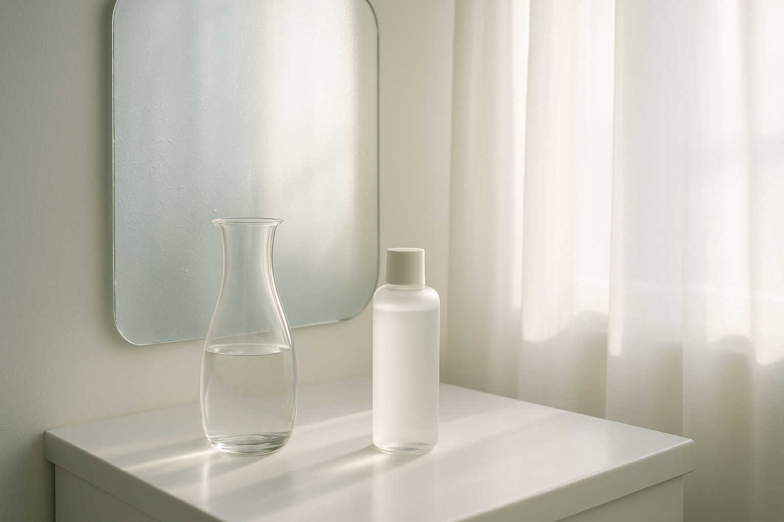 Flacon de tonique coréen minimaliste posé près d’un verre d’eau, sous une lumière douce — symbole de soin sans parfum pour peau sensible.