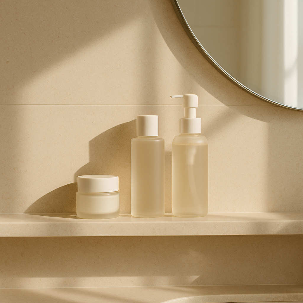 Étape 1 : double nettoyage coréen – huile démaquillante et mousse nettoyante douce sur une étagère beige, lumière naturelle.
