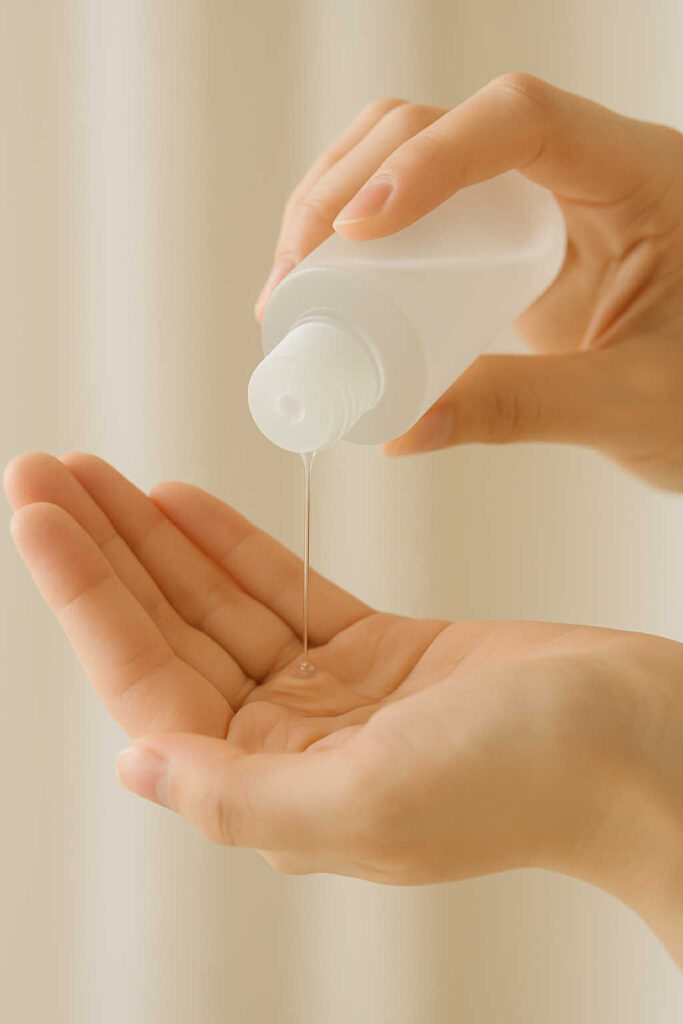 Étape 3 : application du sérum coréen – quelques gouttes transparentes versées dans la paume de la main, sous une lumière naturelle douce.