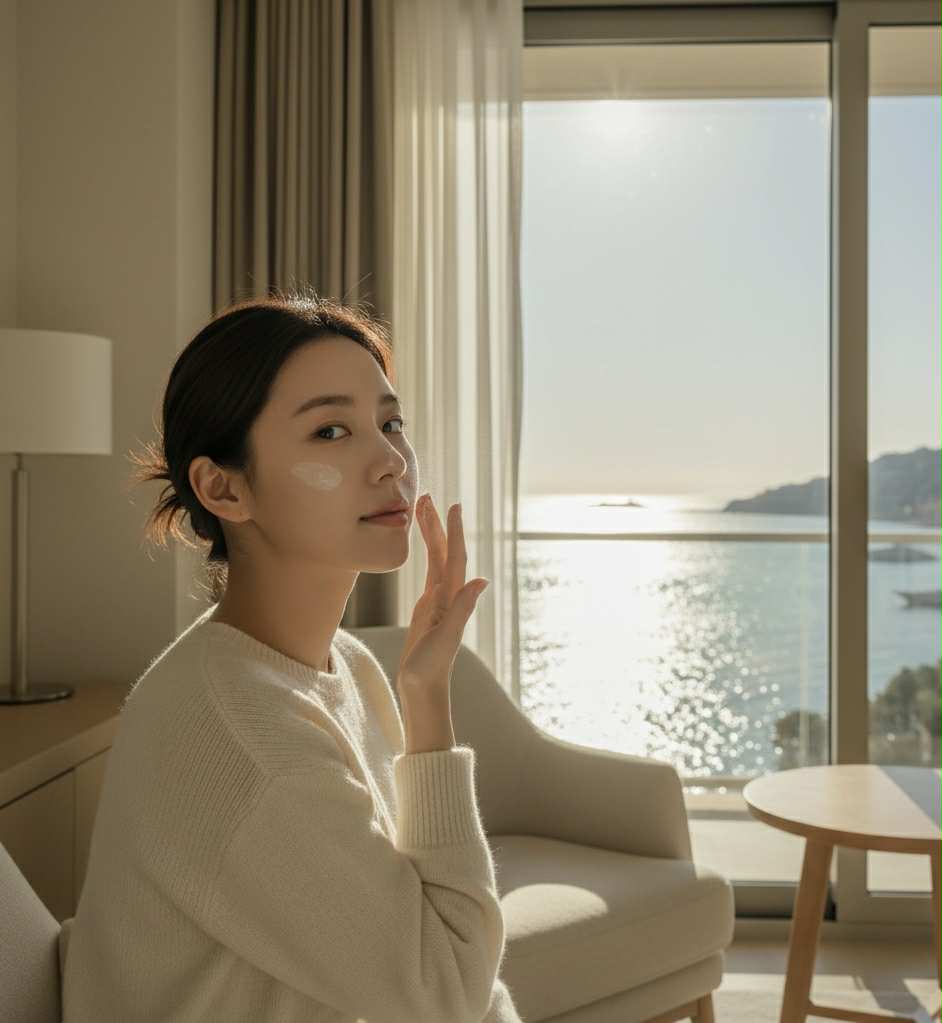 Femme coréenne appliquant une crème solaire devant une grande fenêtre ensoleillée, avec vue sur la mer, symbole d’une routine beauté douce et protectrice pendant la grossesse.
