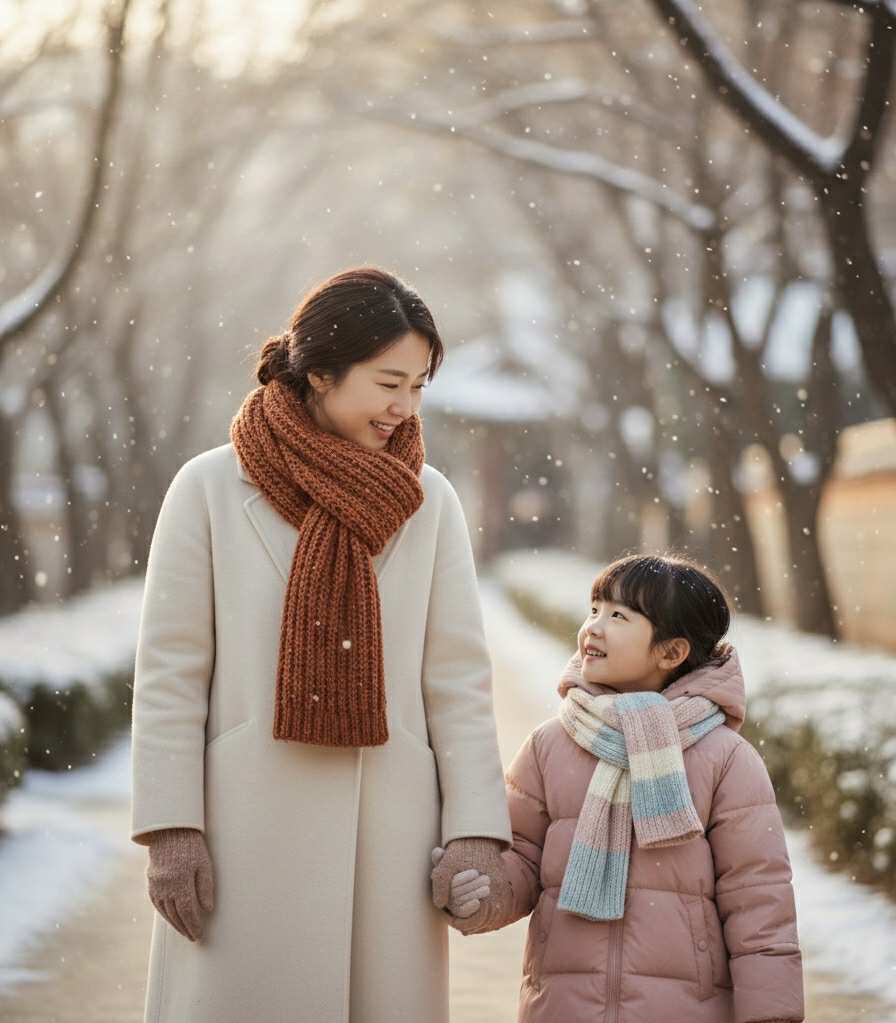 Maman et enfant à peau atopique marchant sous la neige, montrant les rougeurs d’hiver et la douceur d’une routine K-beauty pour apaiser la peau sensible.