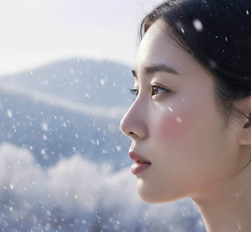 Portrait de profil d’une femme dans la neige, illustrant une peau hydratée, protégée et lumineuse — soins hydratants d’hiver.