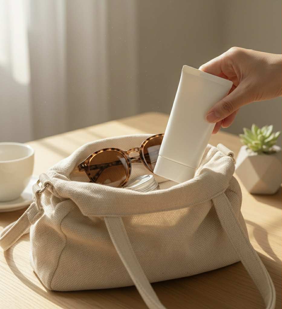 Crème solaire glissée dans un sac beige au soleil du matin, illustrant l’usage quotidien de la Thank You Farmer Water Sun Cream dans une routine simple et sans drame.