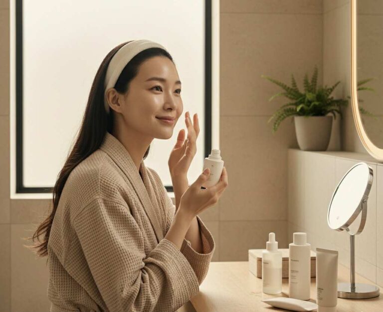 Femme coréenne appliquant un soin du visage dans sa routine K-beauty, ambiance minimaliste et douce.Femme coréenne appliquant des soins K-beauty pas chère dans sa routine du matin.