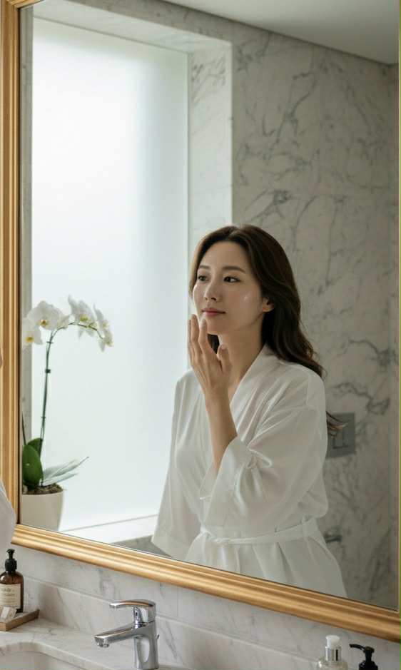 Femme coréenne appliquant une essence minimaliste sur sa joue devant un miroir dans une salle de bain en marbre, illustrant la simplicité et la douceur du rituel de soin One Thing.
