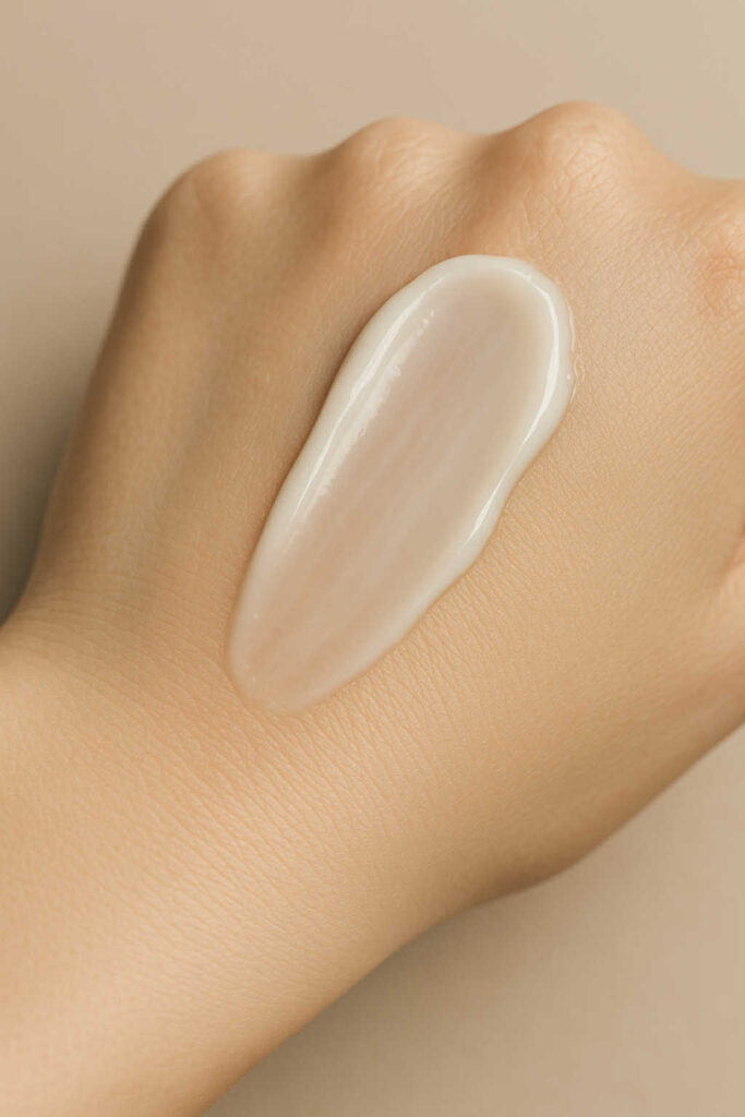 Texture riche d’une crème barrière aux céramides, appliquée sur la peau atopique adulte pour apaiser les rougeurs et retenir l’hydratation en hiver dans une routine K-beauty.