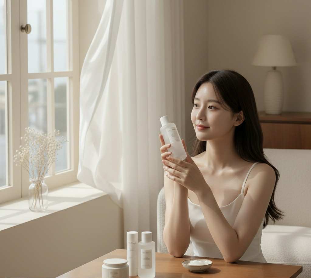 Femme coréenne appliquant une crème hydratante sans parfum Huxley Cream ; More Than Moist, adaptée aux peaux sensibles pendant la grossesse.