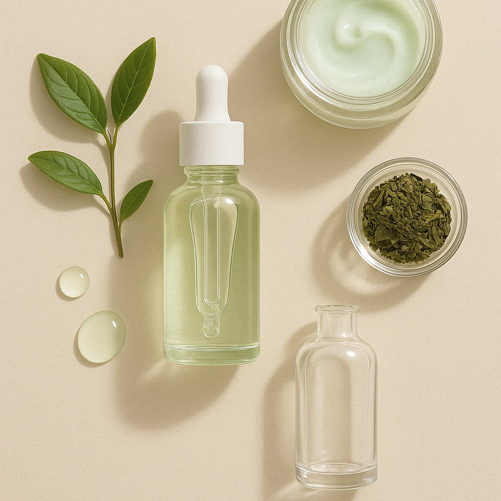 Sérum coréen anti-rougeurs au thé vert et panthénol, photo de produits K-beauty pour peau sensible.